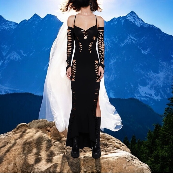 Darker Wavs Pitch Shredded Maxi dress with gloves set NEW NWT black sz Small S - Picture 5 of 7